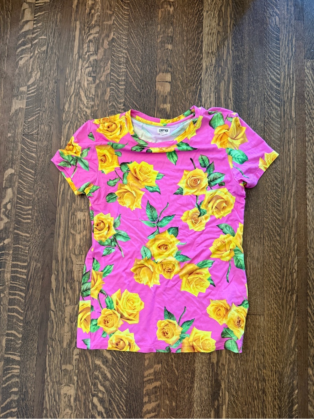 L'AGENCE Pink Tee with Yellow Rose Print